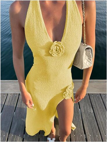 Gorglitter نساء زهرة القوس الرسن bodycon maxi فستان الخلف الخامس الرقبة أكمام الصيف الشاطئ العطلات sundress in Kuwait