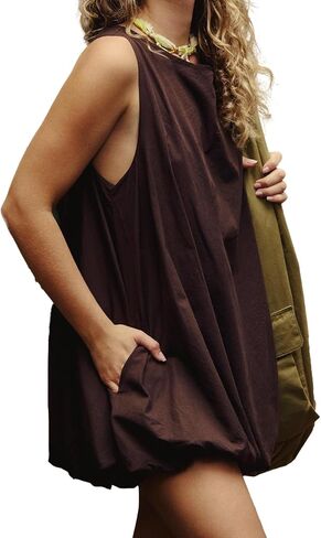 Women Summer Sleeveless Bubble Mini Dress Keyhole Tie Back Short Sun Dress Casual Sundresses with Pockets in Saudi Arabia