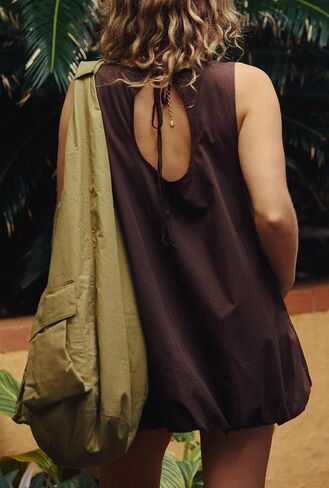 Women Summer Sleeveless Bubble Mini Dress Keyhole Tie Back Short Sun Dress Casual Sundresses with Pockets in Saudi Arabia