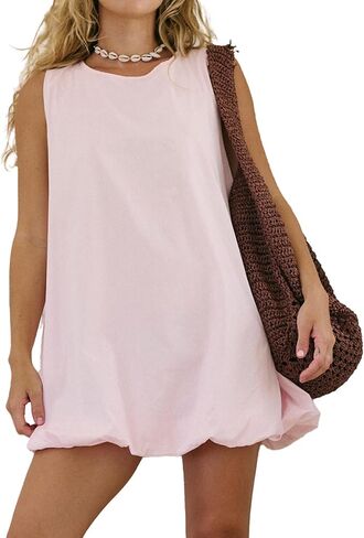 Women Summer Sleeveless Bubble Mini Dress Keyhole Tie Back Short Sun Dress Casual Sundresses with Pockets in Saudi Arabia
