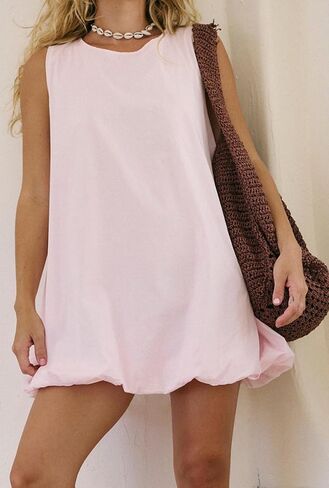 Women Summer Sleeveless Bubble Mini Dress Keyhole Tie Back Short Sun Dress Casual Sundresses with Pockets in Saudi Arabia