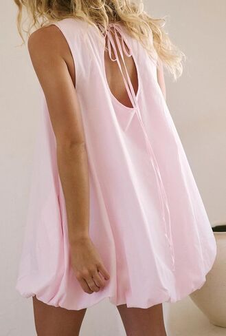 Women Summer Sleeveless Bubble Mini Dress Keyhole Tie Back Short Sun Dress Casual Sundresses with Pockets in Saudi Arabia