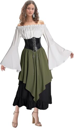 Renaissance Costume Women Medieval Dress Trumpet Sleeve Victorian Shirt and Skirt in Saudi Arabia