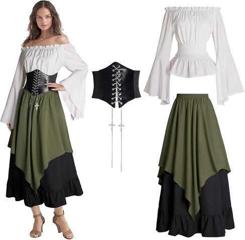 Renaissance Costume Women Medieval Dress Trumpet Sleeve Victorian Shirt and Skirt in Saudi Arabia