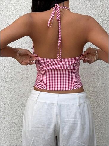 MakeMeChic Women's Plaid Gingham Halter Top Tie Front Backless Ruffle Y2k Tank Crop Tops in Saudi Arabia