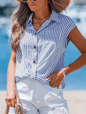 CUPSHE Womens Top Botton Down V Neck Stripe Sleeveless Relaxed Blouse Casual Loose Summer in Saudi Arabia