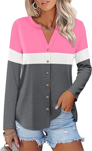 Womens Long Sleeve Tops Button Down Shirts Color Block Casual Fall Shirts Trendy Tops in Saudi Arabia