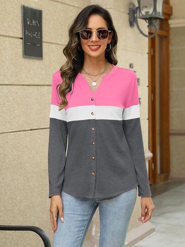 Womens Long Sleeve Tops Button Down Shirts Color Block Casual Fall Shirts Trendy Tops in Saudi Arabia
