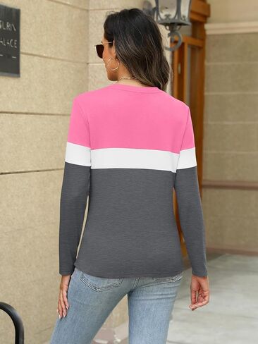 Womens Long Sleeve Tops Button Down Shirts Color Block Casual Fall Shirts Trendy Tops in Saudi Arabia