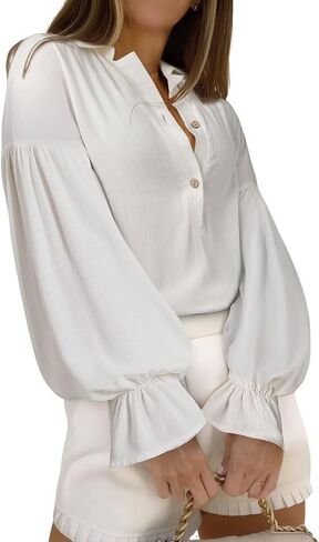 Astylish Women's Casual Blouses Business Linen Tops Cute Puff Sleeve V Neck Button-Down Henley Shirts 2025 Fall Outfits in Saudi Arabia