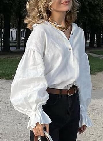 Astylish Women's Casual Blouses Business Linen Tops Cute Puff Sleeve V Neck Button-Down Henley Shirts 2025 Fall Outfits in Saudi Arabia