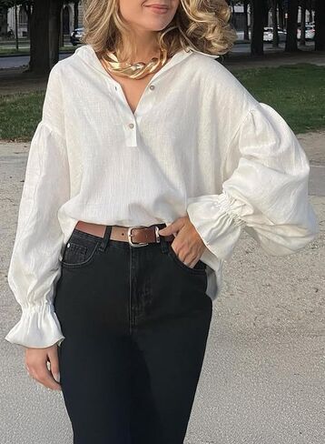 Astylish Women's Casual Blouses Business Linen Tops Cute Puff Sleeve V Neck Button-Down Henley Shirts 2025 Fall Outfits in Saudi Arabia