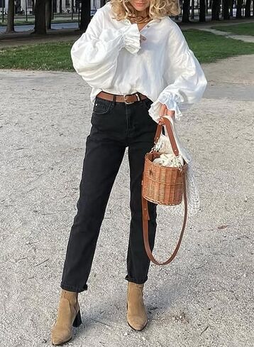 Astylish Women's Casual Blouses Business Linen Tops Cute Puff Sleeve V Neck Button-Down Henley Shirts 2025 Fall Outfits in Saudi Arabia