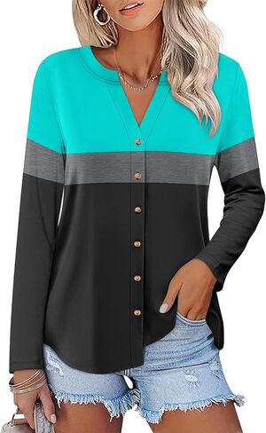 Womens Long Sleeve Tops Button Down Shirts Color Block Casual Fall Shirts Trendy Tops in Saudi Arabia