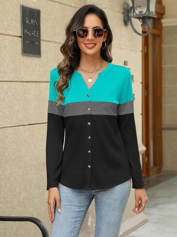 Womens Long Sleeve Tops Button Down Shirts Color Block Casual Fall Shirts Trendy Tops in Saudi Arabia