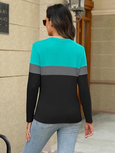 Womens Long Sleeve Tops Button Down Shirts Color Block Casual Fall Shirts Trendy Tops in Saudi Arabia