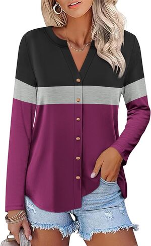 Womens Long Sleeve Tops Button Down Shirts Color Block Casual Fall Shirts Trendy Tops in Saudi Arabia