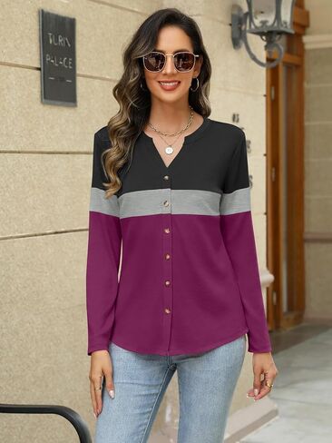 Womens Long Sleeve Tops Button Down Shirts Color Block Casual Fall Shirts Trendy Tops in Saudi Arabia