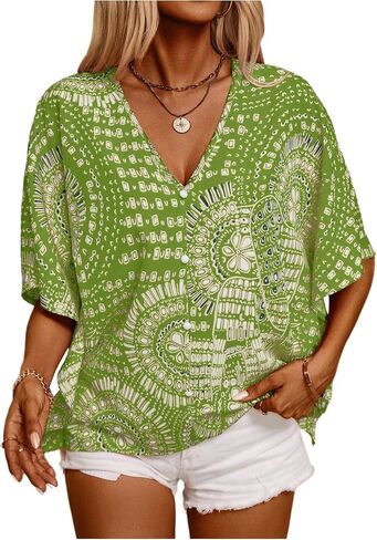 GORGLITTER Women's Allover Print Hawaiian Shirt Dolman Short Sleeve V Neck Summer Tops 2025 Vacation in Saudi Arabia
