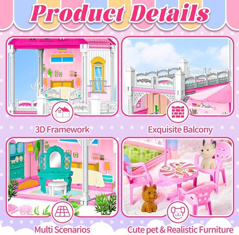 Doll House for Girls with Light,10 Rooms Dollhouse with Dolls Figure, Puppies, Furnitures, Accessories, Playhouse Gift for Kids 3 4 5 6 7 8 9 10 Year Old in Saudi Arabia