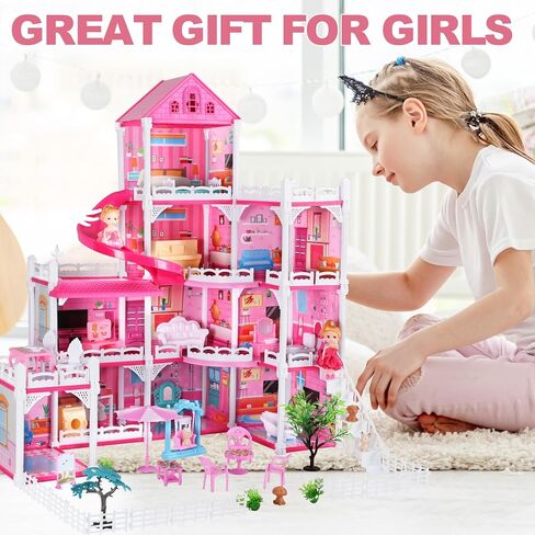 Doll House for Girls with Light,10 Rooms Dollhouse with Dolls Figure, Puppies, Furnitures, Accessories, Playhouse Gift for Kids 3 4 5 6 7 8 9 10 Year Old in Saudi Arabia