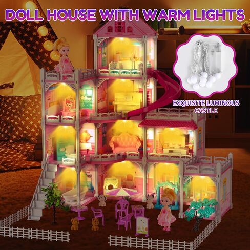 Doll House for Girls with Light,10 Rooms Dollhouse with Dolls Figure, Puppies, Furnitures, Accessories, Playhouse Gift for Kids 3 4 5 6 7 8 9 10 Year Old in Saudi Arabia