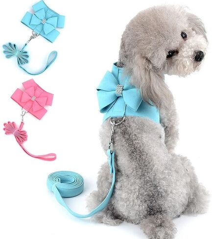 SELMAI Small Pet Dog Cat Bling Rhinestone Harness and Leash Set Bow Girls Soft Ultra Suede Leather, Adjustable/No Pull Lightweight Easy Walk Escape Proof Vest in Saudi Arabia