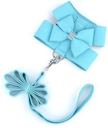 SELMAI Small Pet Dog Cat Bling Rhinestone Harness and Leash Set Bow Girls Soft Ultra Suede Leather, Adjustable/No Pull Lightweight Easy Walk Escape Proof Vest in Saudi Arabia