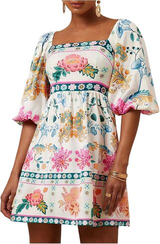 SOLY HUX Women's Floral Print Dress Square Neck Puff Sleeve A Line Short Boho Summer Dresses in Saudi Arabia