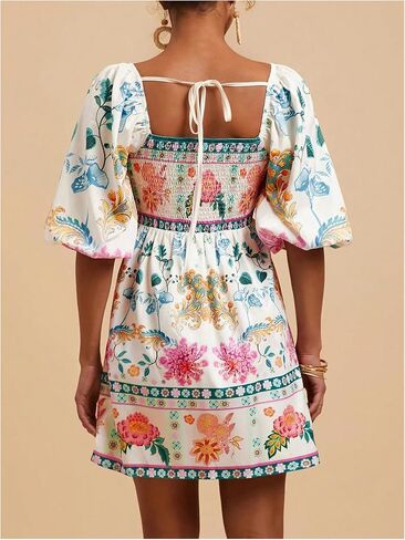 SOLY HUX Women's Floral Print Dress Square Neck Puff Sleeve A Line Short Boho Summer Dresses in Saudi Arabia