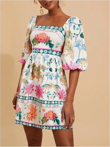 SOLY HUX Women's Floral Print Dress Square Neck Puff Sleeve A Line Short Boho Summer Dresses in Saudi Arabia