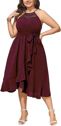 SCOMCHIC Womens Plus Size Summer Dresses Sleeveless Halter Neck A Line High Low Split Ruffle Long Dress with Belt in Saudi Arabia