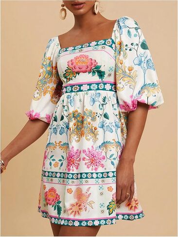 SOLY HUX Women's Floral Print Dress Square Neck Puff Sleeve A Line Short Boho Summer Dresses in Saudi Arabia