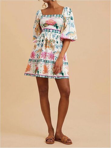 SOLY HUX Women's Floral Print Dress Square Neck Puff Sleeve A Line Short Boho Summer Dresses in Saudi Arabia