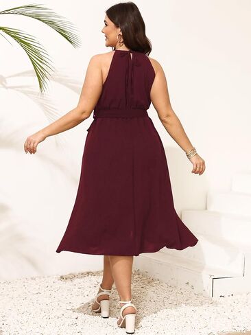 SCOMCHIC Womens Plus Size Summer Dresses Sleeveless Halter Neck A Line High Low Split Ruffle Long Dress with Belt in Saudi Arabia