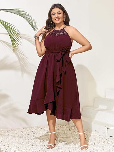SCOMCHIC Womens Plus Size Summer Dresses Sleeveless Halter Neck A Line High Low Split Ruffle Long Dress with Belt in Saudi Arabia