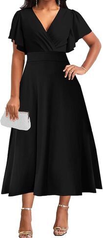 ZonJie Summer Casual Dress for Women V Neck Ruffle Short Sleeve A Line Swing Flared Cocktail Party Midi Dress with Pocket in Kuwait