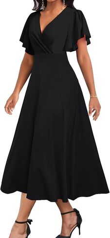 ZonJie Summer Casual Dress for Women V Neck Ruffle Short Sleeve A Line Swing Flared Cocktail Party Midi Dress with Pocket in Kuwait