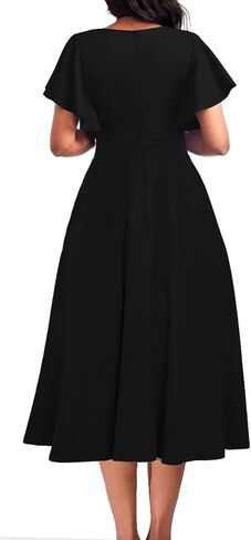 ZonJie Summer Casual Dress for Women V Neck Ruffle Short Sleeve A Line Swing Flared Cocktail Party Midi Dress with Pocket in Kuwait