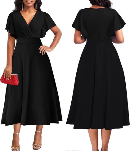 ZonJie Summer Casual Dress for Women V Neck Ruffle Short Sleeve A Line Swing Flared Cocktail Party Midi Dress with Pocket in Kuwait