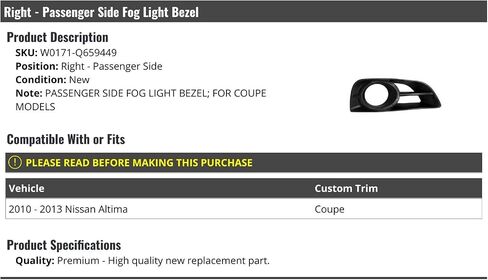 Right Passenger Side Fog Light Bezel - Compatible with 2010-2013 Nissan Altima Coupe in Saudi Arabia