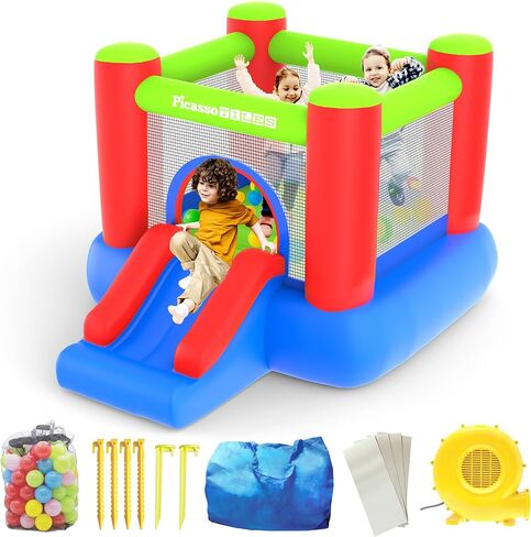 PicassoTiles KC106 8 × 7 قدم حارس قابل للنفخ للصغار، حديقة أطفال، منزل القفز، منزل لعب منزلق مع 50 كرة حفرة، حماية شبكية من 3 جوانب، ومنفاخ بقوة 385 وات معتمد من GFCI ETL in Saudi Arabia