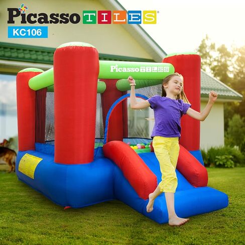 PicassoTiles KC106 8 × 7 قدم حارس قابل للنفخ للصغار، حديقة أطفال، منزل القفز، منزل لعب منزلق مع 50 كرة حفرة، حماية شبكية من 3 جوانب، ومنفاخ بقوة 385 وات معتمد من GFCI ETL in Saudi Arabia