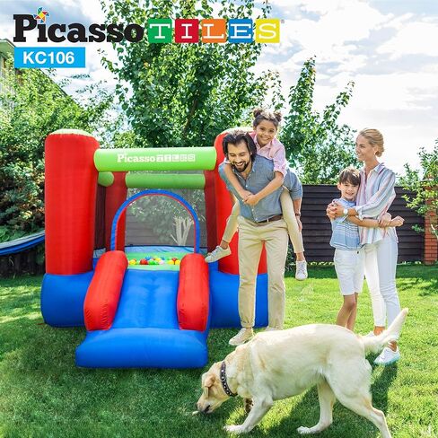 PicassoTiles KC106 8 × 7 قدم حارس قابل للنفخ للصغار، حديقة أطفال، منزل القفز، منزل لعب منزلق مع 50 كرة حفرة، حماية شبكية من 3 جوانب، ومنفاخ بقوة 385 وات معتمد من GFCI ETL in Saudi Arabia