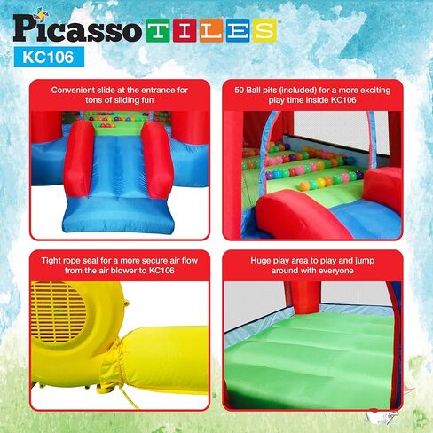 PicassoTiles KC106 8 × 7 قدم حارس قابل للنفخ للصغار، حديقة أطفال، منزل القفز، منزل لعب منزلق مع 50 كرة حفرة، حماية شبكية من 3 جوانب، ومنفاخ بقوة 385 وات معتمد من GFCI ETL in Saudi Arabia