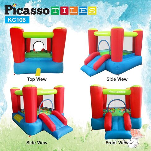 PicassoTiles KC106 8 × 7 قدم حارس قابل للنفخ للصغار، حديقة أطفال، منزل القفز، منزل لعب منزلق مع 50 كرة حفرة، حماية شبكية من 3 جوانب، ومنفاخ بقوة 385 وات معتمد من GFCI ETL in Saudi Arabia