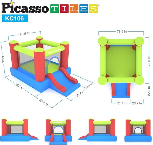 PicassoTiles KC106 8 × 7 قدم حارس قابل للنفخ للصغار، حديقة أطفال، منزل القفز، منزل لعب منزلق مع 50 كرة حفرة، حماية شبكية من 3 جوانب، ومنفاخ بقوة 385 وات معتمد من GFCI ETL in Saudi Arabia