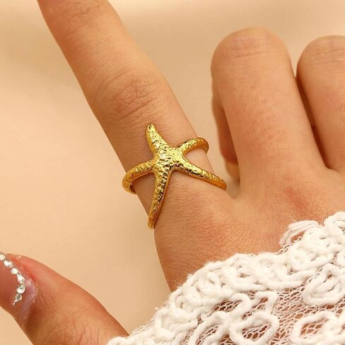 Starfish Statement Ring for Women Chunky Gold Silver Starfish Rings Trendy Open Adjustable Minimalist Rings Summer Beach Jewelry Gifts for Women in Saudi Arabia