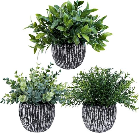 Winlyn Set of 3 Artificial Potted Plants Faux Eucalyptus Rosemary Boxwood Greenery in Black & White Concrete Pots Small Fake Plant for Indoor Outdoor Home Office Table Shelf Windowsill Greens Décor in Saudi Arabia