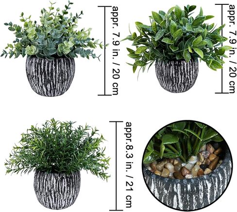 Winlyn Set of 3 Artificial Potted Plants Faux Eucalyptus Rosemary Boxwood Greenery in Black & White Concrete Pots Small Fake Plant for Indoor Outdoor Home Office Table Shelf Windowsill Greens Décor in Saudi Arabia